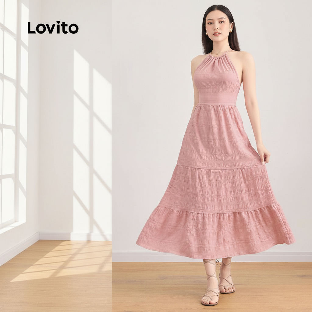 Lovito เดรสลําลองผูกเชือกฤดูร้อนฤดูใบไม้ผลิสําหรับผู้หญิง L121MD154