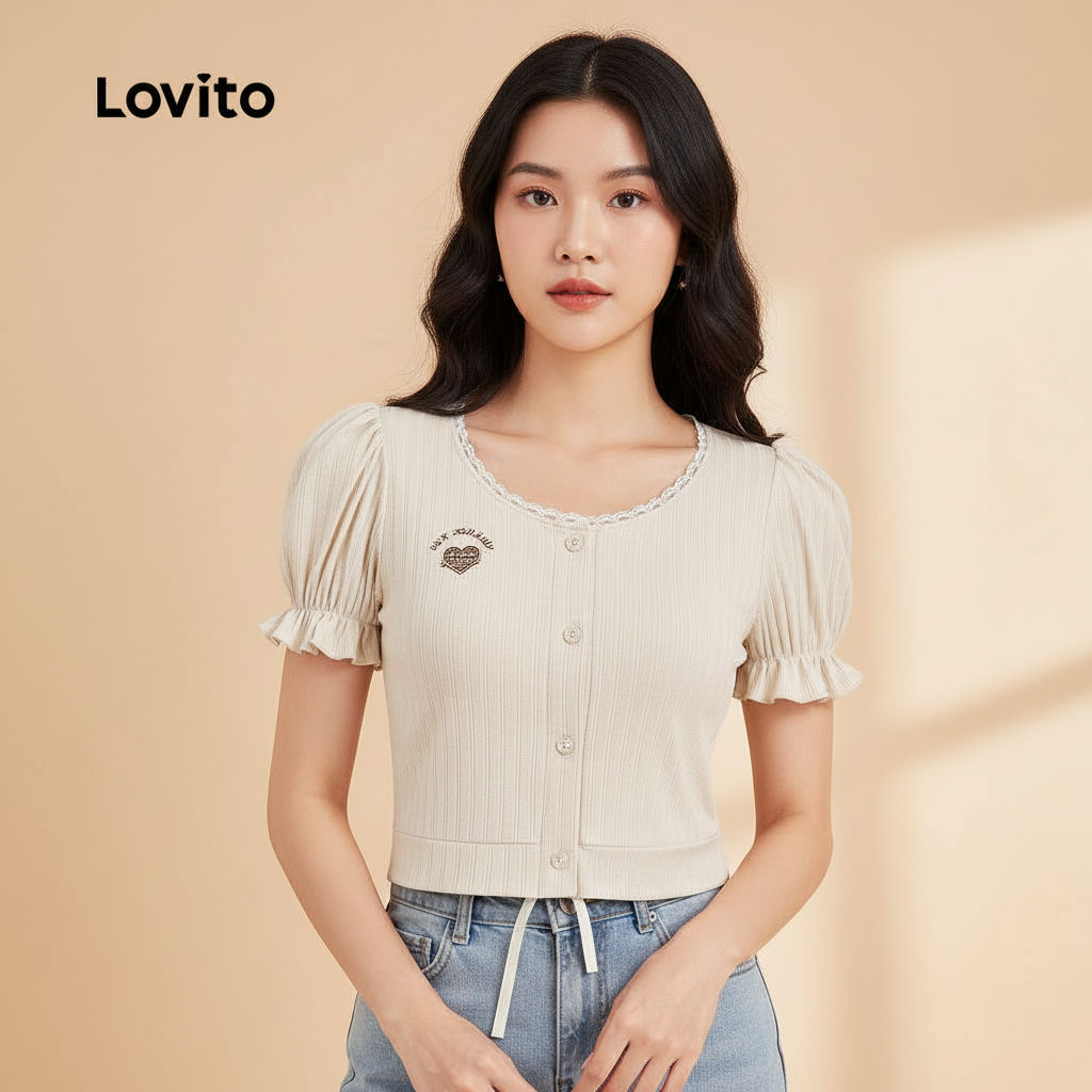 Lovito เสื้อยืดผู้หญิง คอระบาย ดีไซน์เรียบหรู LNA40070