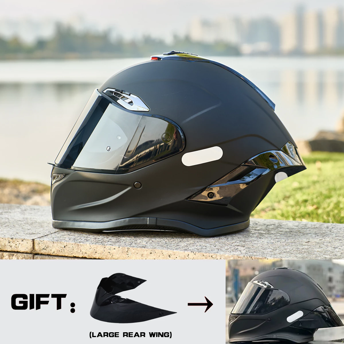 หมวกกันน็อคแบบเต็มหน้าสีดําด้าน DOT Certified Aerodynamic Double Tail Wing thumbnail 9