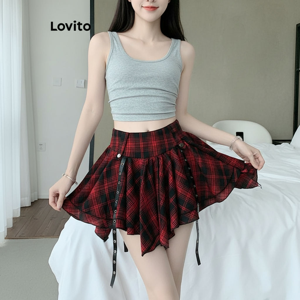 Lovito กระโปรงผู้หญิงลายสก็อตสีผสมจีบทรงแคชชวลสไตล์คริสต์มาส LNE75416