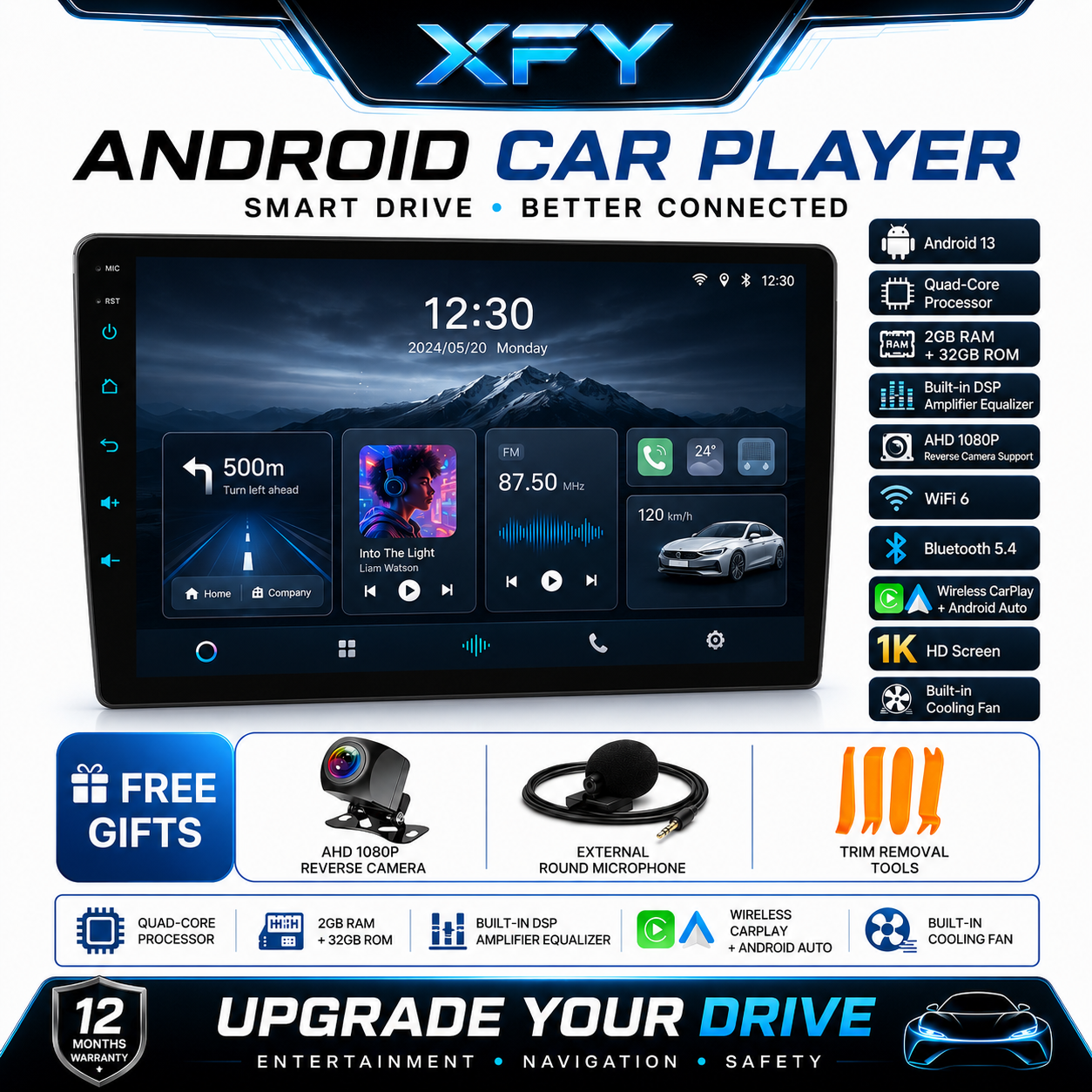 เครื่องเล่นวิทยุติดรถยนต์ Android 9 10 นิ้ว Wireless CarPlay DSP HD