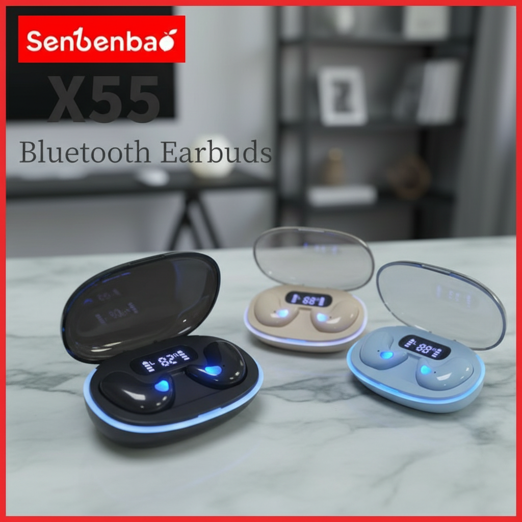 Senbenbao X55 หูฟังบลูทูธไร้สาย TWS สําหรับนอนหลับ หน้าจอ LED HIFI สเตอริโอ กันน้ํา ตัดเสียงรบกวน สําหรับเล่นกีฬา ใช้กับโทรศัพท์ทุกรุ่น