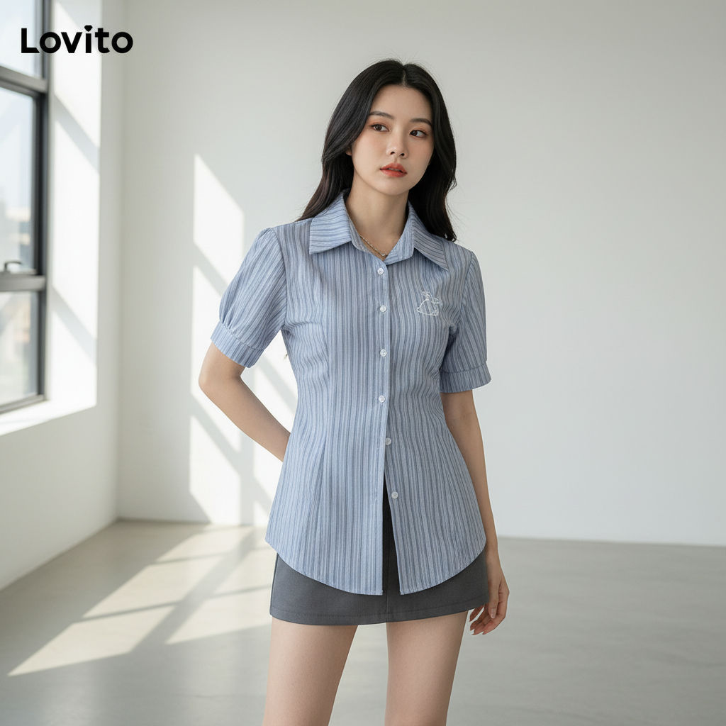 Lovito เสื้อเชิ้ตผู้หญิง แขนพัฟ ปักลายดอกไม้ ติดกระดุมหน้า สีฟ้า L58AD035