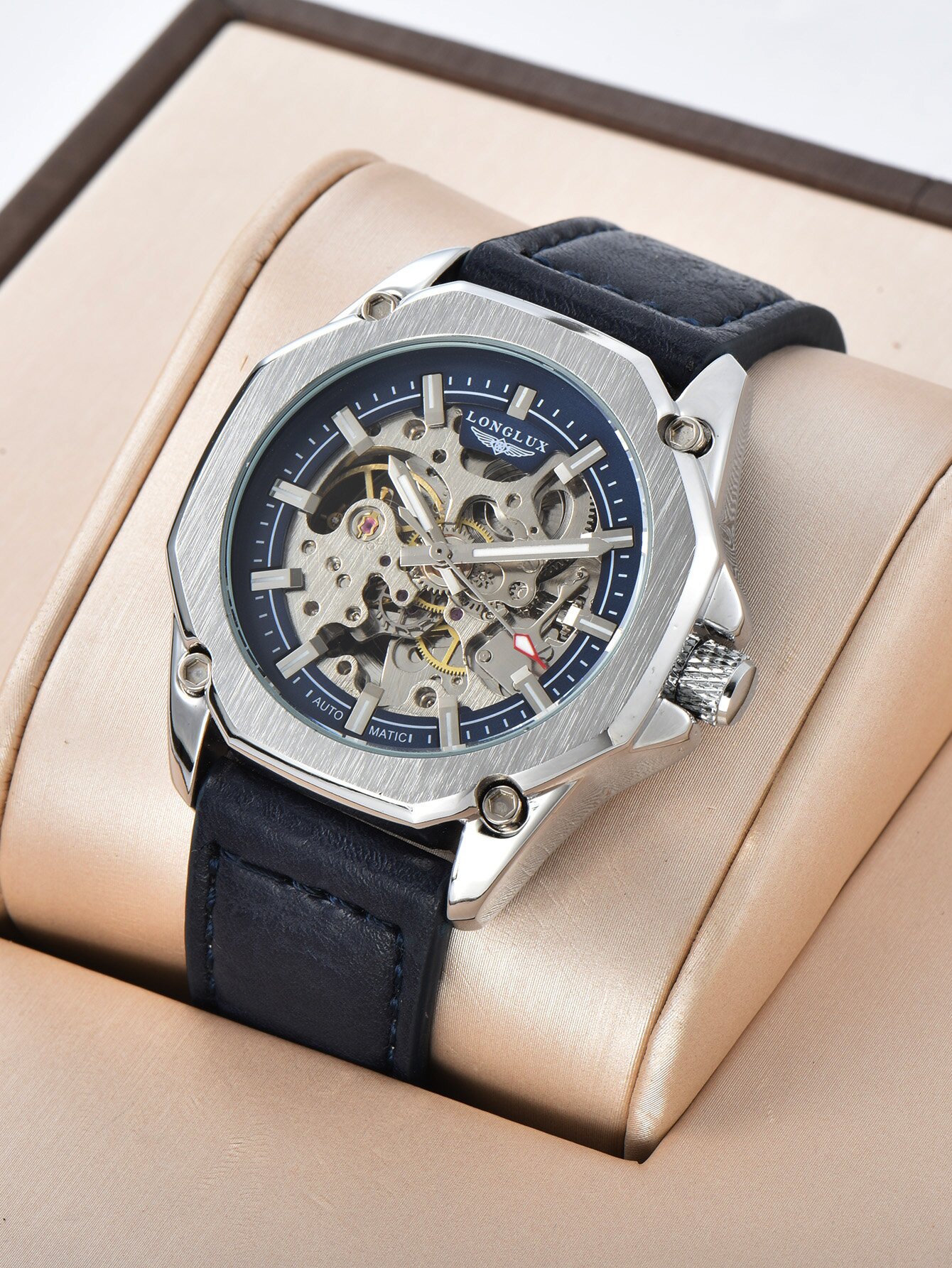 LONGLUX นาฬิกาข้อมืออัตโนมัติสไตล์สปอร์ต ราคาส่ง นาฬิกาข้อมือแฟชั่นผู้ชายหน้าปัดโปร่งแสง สายหนัง เหมาะเป็นของขวัญผู้ชาย