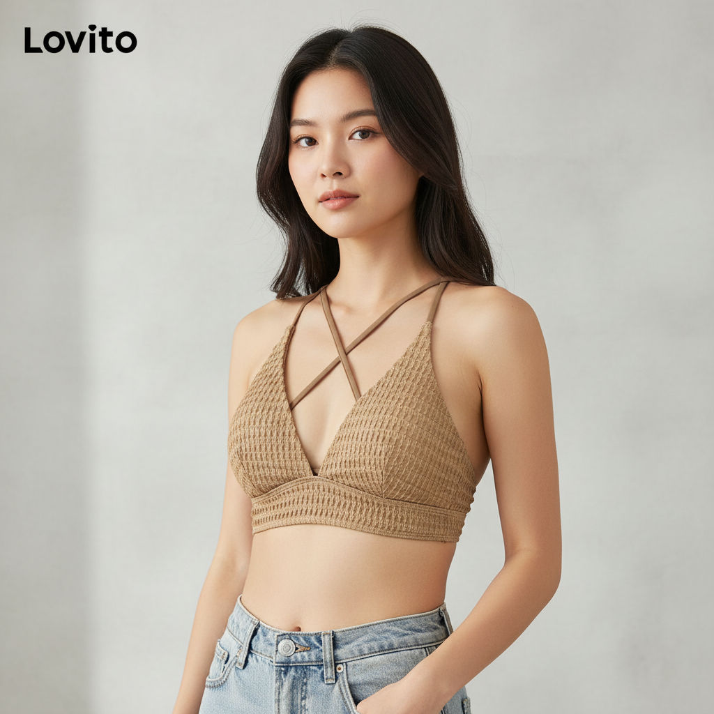Lovito เสื้อบิกินี่ผู้หญิง ทรงไขว้ พื้นสีพื้น ดีไซน์เรียบหรู LNL42167
