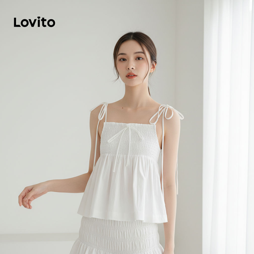 Lovito เสื้อกล้ามผู้หญิง สม็อค สีพื้น ใส่ลําลอง รุ่น L99ED323