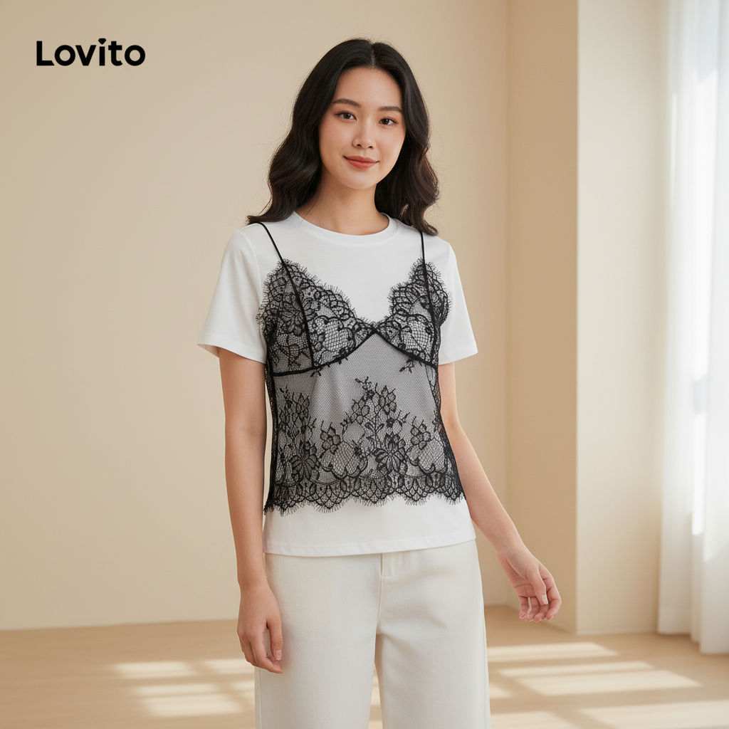 Lovito เสื้อยืดผู้หญิง ลายลูกไม้ ผ้าเย็บต่อกัน สีพื้น สไตล์หรูหรา L106AD114