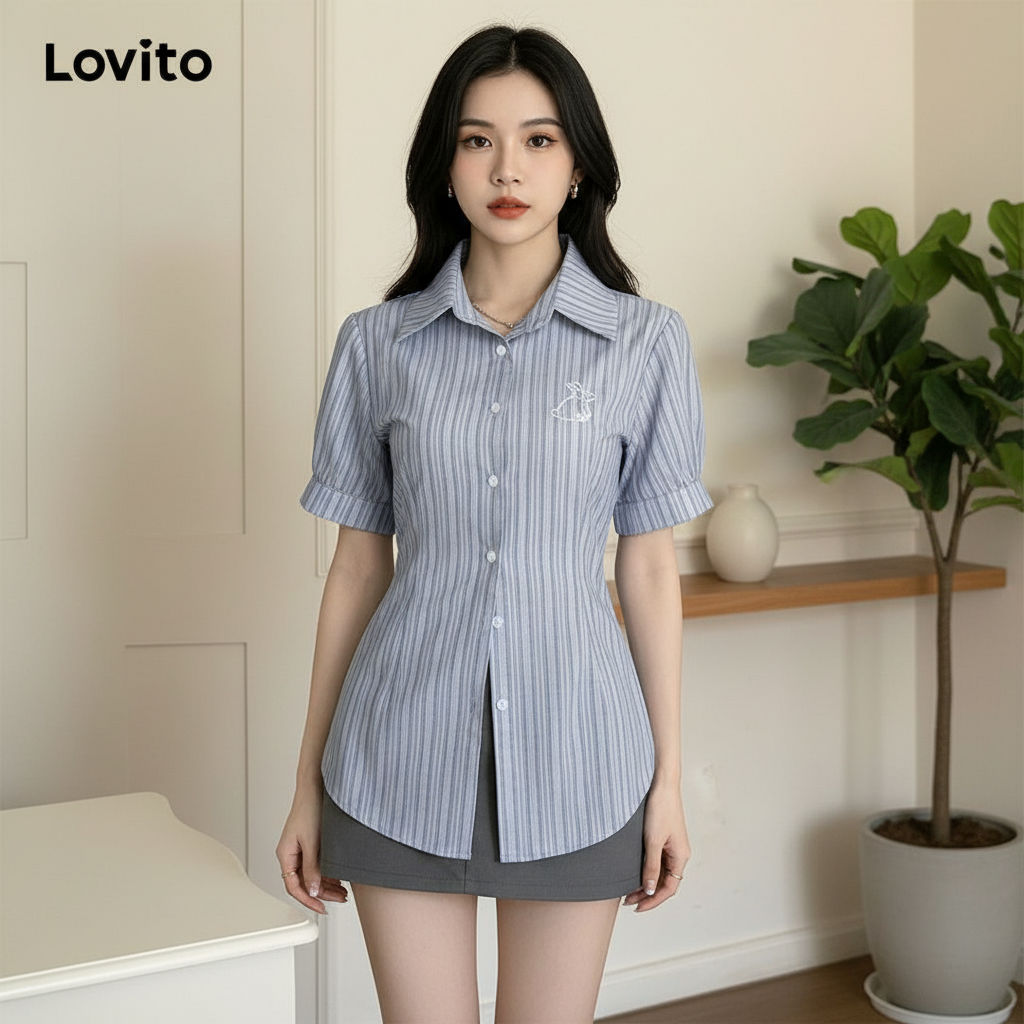 Lovito เสื้อเชิ้ตผู้หญิง แขนพัฟ ปักลายดอกไม้ ติดกระดุมหน้า สีฟ้า L58AD035