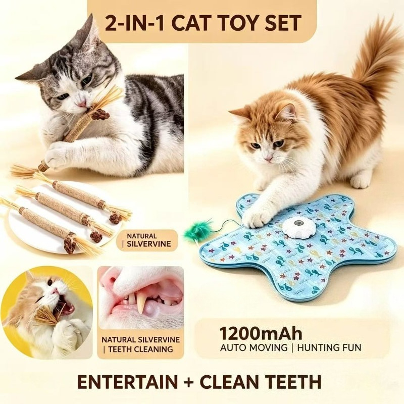 ชุดของเล่นแมว 2-in-1: พรมขนนกเคลื่อนไหวอัตโนมัติ + แท่งเคี้ยวมาทาเระ สําหรับแก้เบื่อและทําความสะอาดฟัน