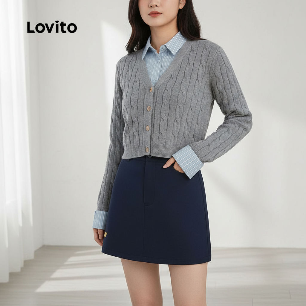 Lovito กระโปรงผู้หญิง ปักลายเรียบ สไตล์ลําลอง สําหรับฤดูร้อน/ฤดูใบไม้ผลิ L133AD476