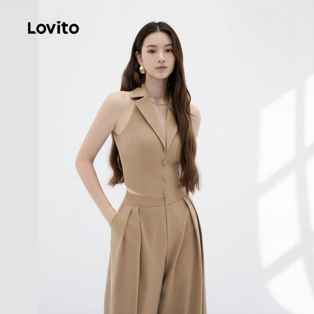 Lovito ชุดเซตกางเกงผ้าคาชิ พร้อมปุ่มพลีท สําหรับฤดูใบไม้ผลิ/ฤดูร้อน L138ED553