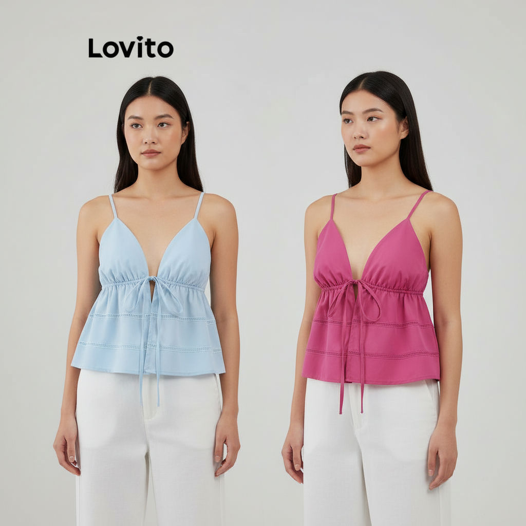 Lovito เสื้อกล้ามผู้หญิง คอระบายลูกไม้ ทรงเดรป สีพื้น L90AD016 (หลายสี)
