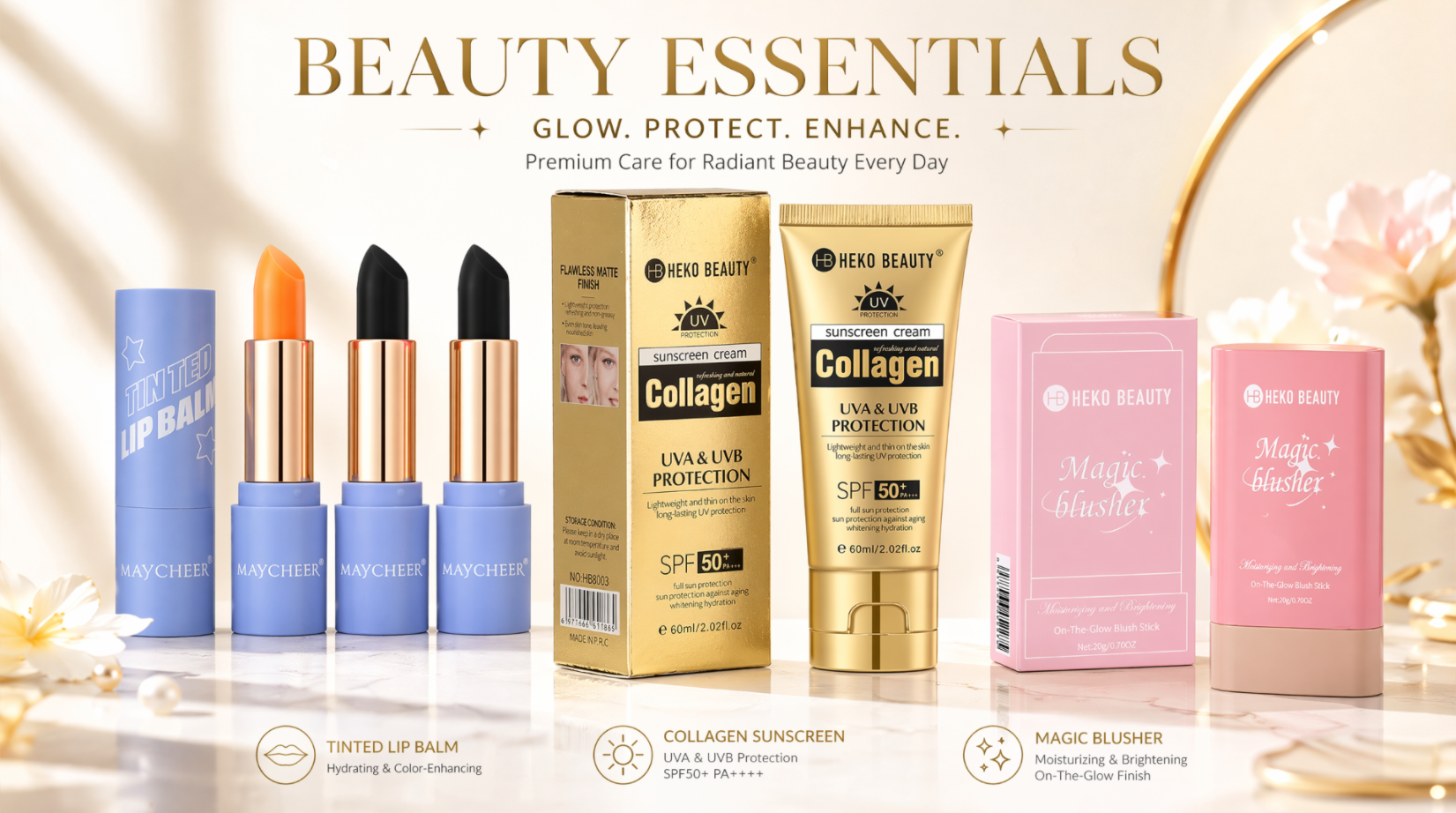 HEKO&MAYCHEER เซ็ตเครื่องสําอางและดูแลผิวประจําวัน 3 in 1, ครีมกันแดดคอลลาเจน SPF50+ เปลี่ยนสีตามค่า