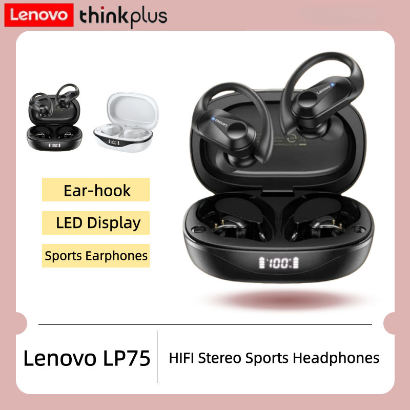 Lenovo LP75 หูฟังหูฟัง TWS บลูทูธจอแสดงผล LED กันน้ําไฮไฟสเตอริโอหูฟังกีฬาปุ่มควบคุม HD Call Mics ชุ