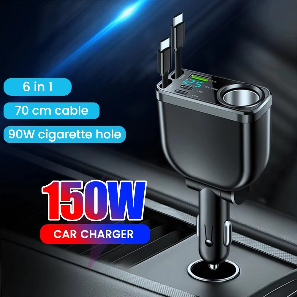 150W Car Charger 70 ซม.Retractable Dual Type C Cable Fast Charging 6-in-1 รถชาร์จโทรศัพท์สําหรับ iphone Samsung Huawei Xiaomi