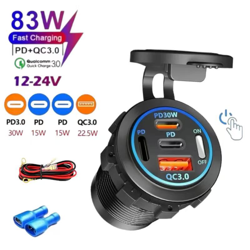 4 พอร์ต PD QC3.0 USB ที่ชาร์จแบตในรถซ็อกเก็ตโวลต์มิเตอร์กันน้ํา