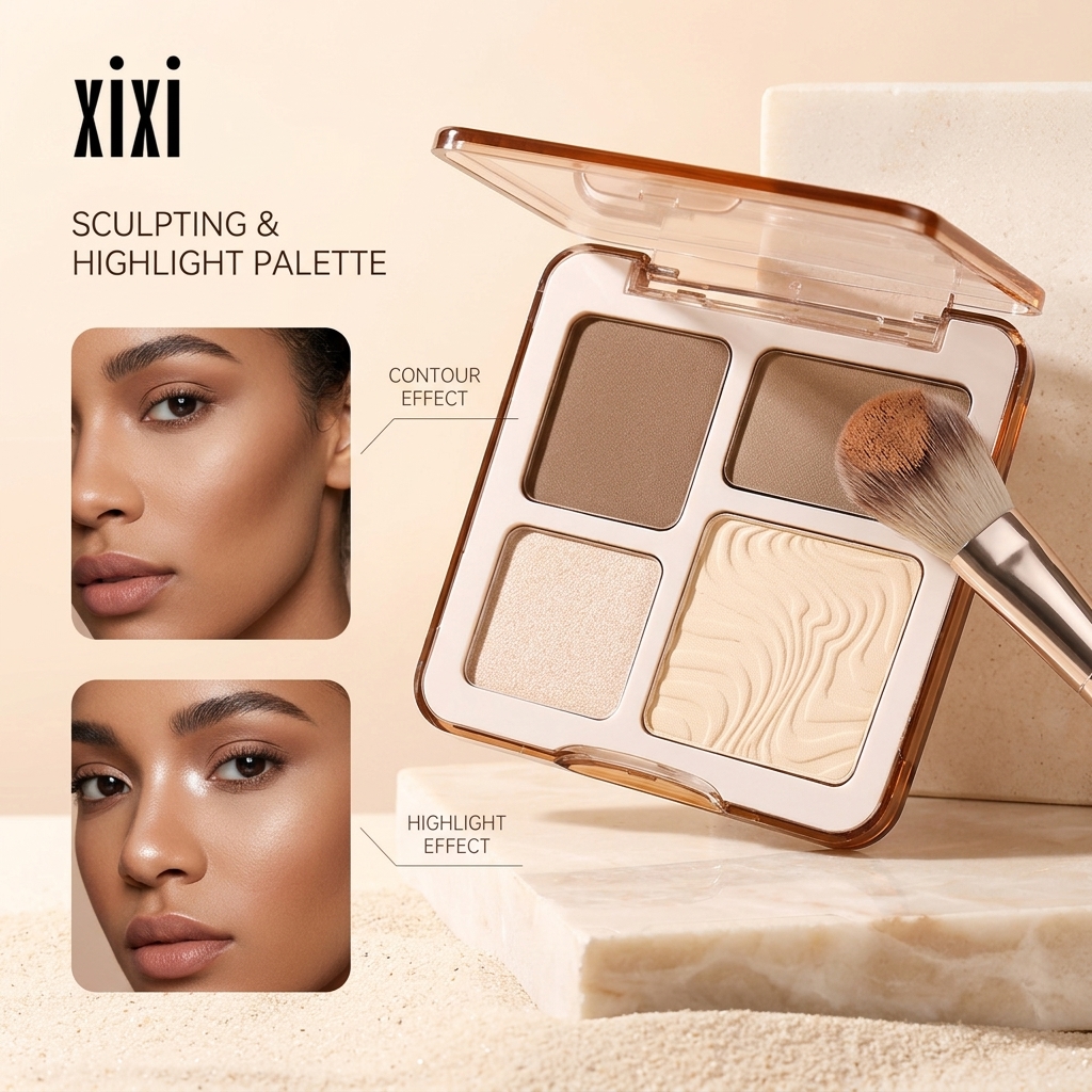 ฉี่ จานสีคอนทัวร์ 4 สี, แป้งละเอียด, เคลือบด้านธรรมชาติ, กันน้ํา กันเหงื่อ & ติดทนนาน