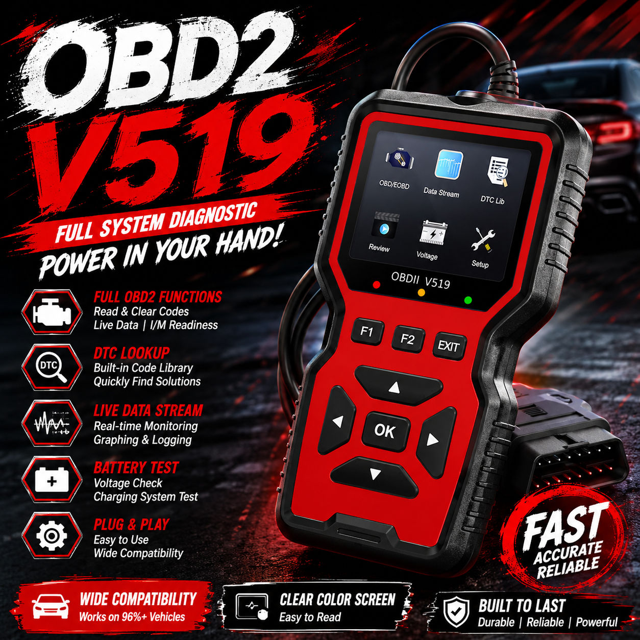 V519 Obd2 Scanner เครื่องทดสอบแรงดันไฟฟ้าแบตเตอรี่ข้อมูลแบบเรียลไทม์สําหรับรถจักรยานยนต์