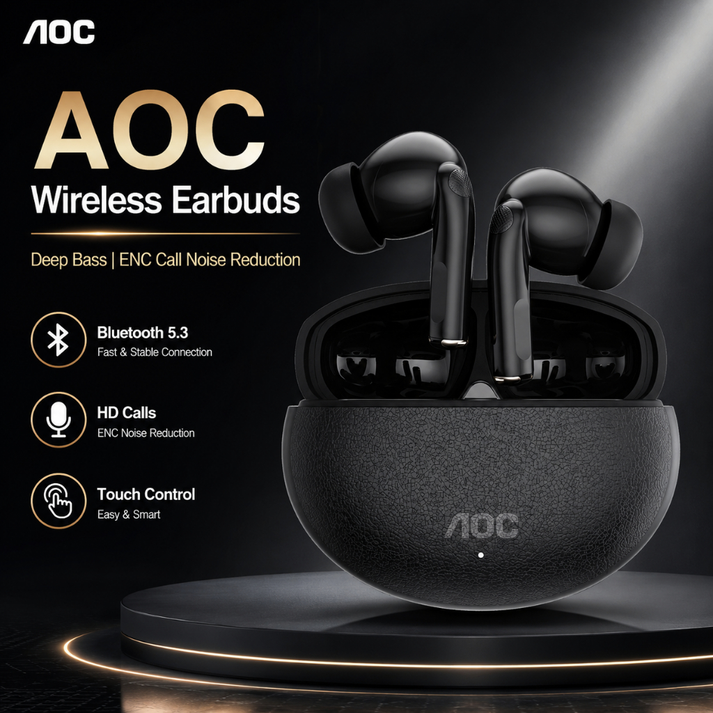 ฟัง AOC หูฟังไร้สายบลูทูธ 5.3 หูฟังชนิดใส่ในหูที่มีประสิทธิภาพ Deep Bass ENC Noise Cancellation สมาร