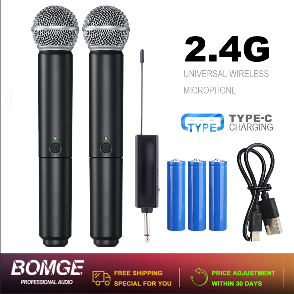 BOMGE ไมโครโฟนไร้สายเครื่องส่งสัญญาณมือถือสําหรับร้องเพลงการแสดงแกนนําเสียงเวที Pro