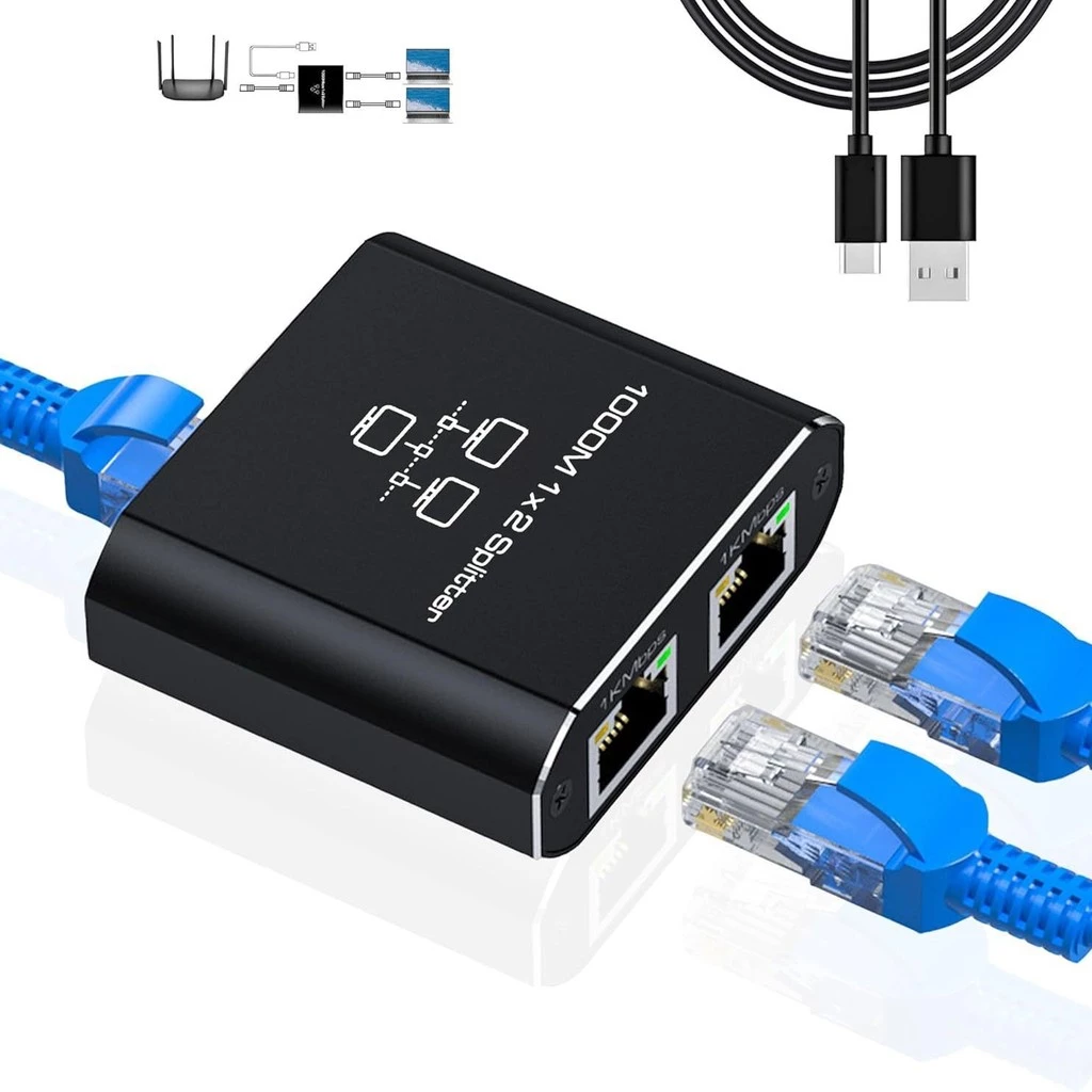 ตัวแยกเครือข่าย ฮับความเร็ว 1 Gbps 1 ออก 2 อะแดปเตอร์ RJ45 ตัวแปลงกิกะบิต Ethernet 8P8C สําหรับกล่องรับสัญญาณอินเทอร์เน็ต ตัวขยายปลั๊กพ่วงแบบเสียบใช้งาน
