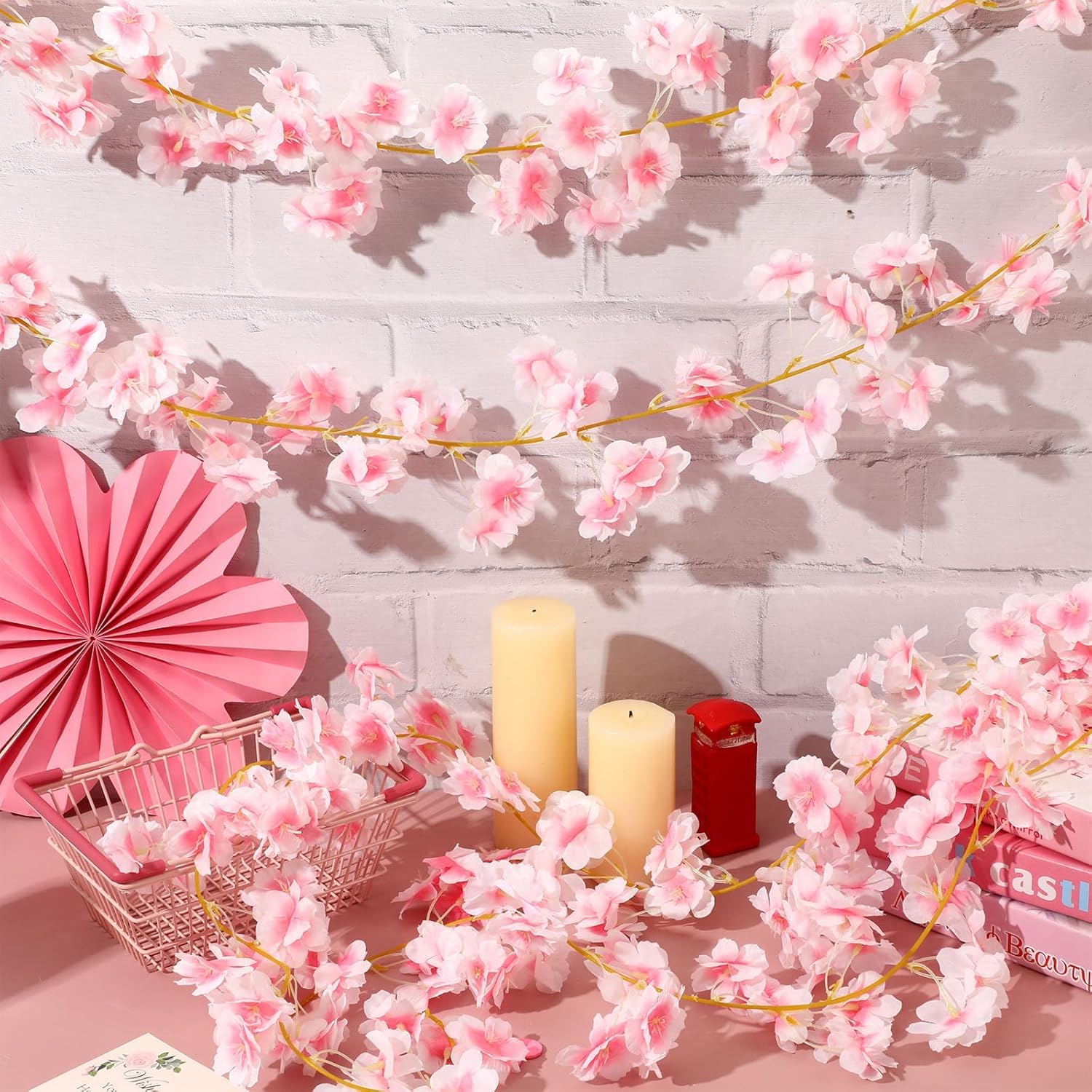 ชุด 4 180 ซม. สมจริง Cherry Blossom Vine Garland,ประดิษฐ์แขวนดอกไม้สําหรับการจัดดอกไม้ตกแต่ง