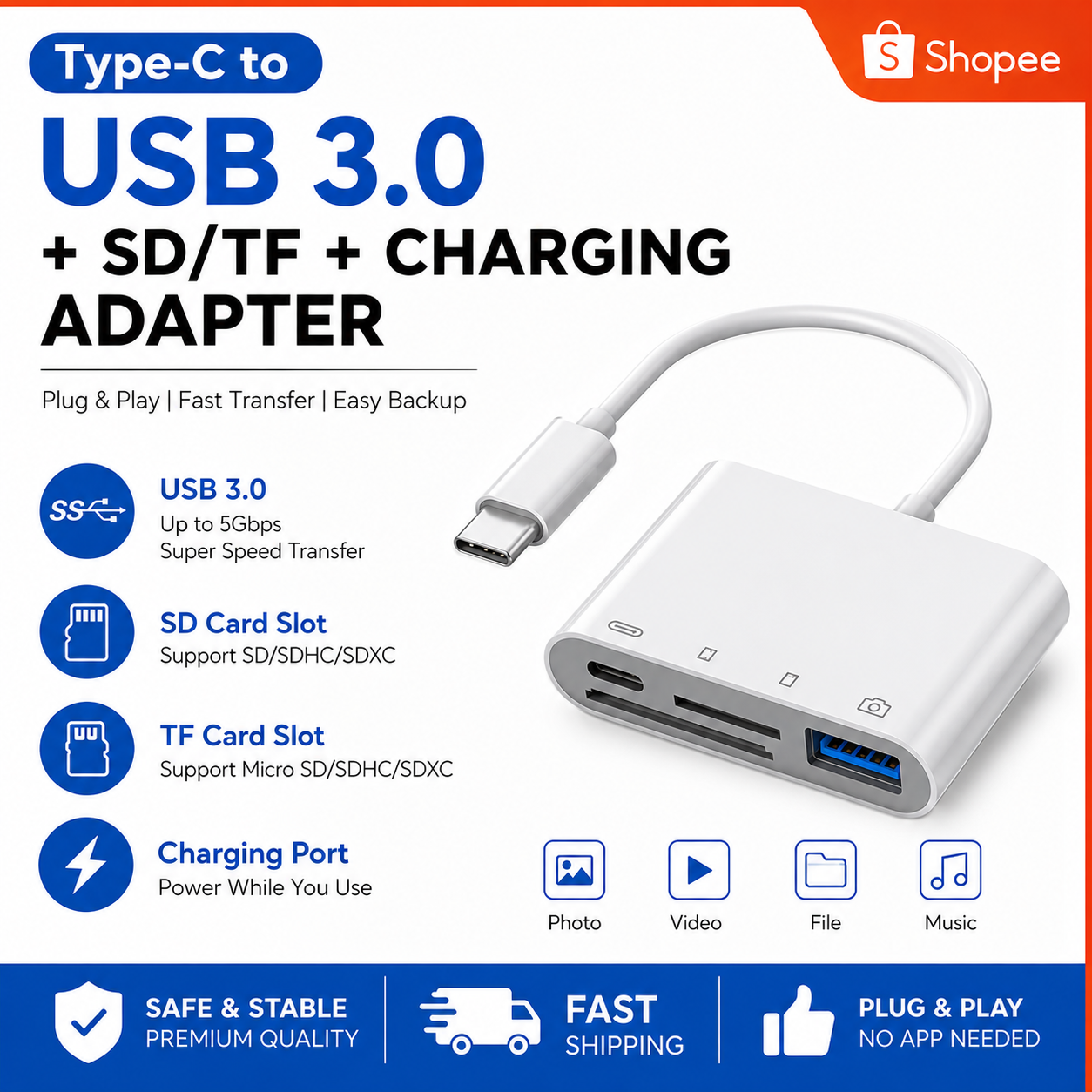 เครื่องอ่านการ์ด OTG แบบ 3-in-1 Type-C พร้อมพอร์ต USB, SD, TF และจ่ายไฟ ถ่ายโอนไฟล์เร็ว รองรับแท็บเล็ตและกล้อง ขยายความจุข้อมูล