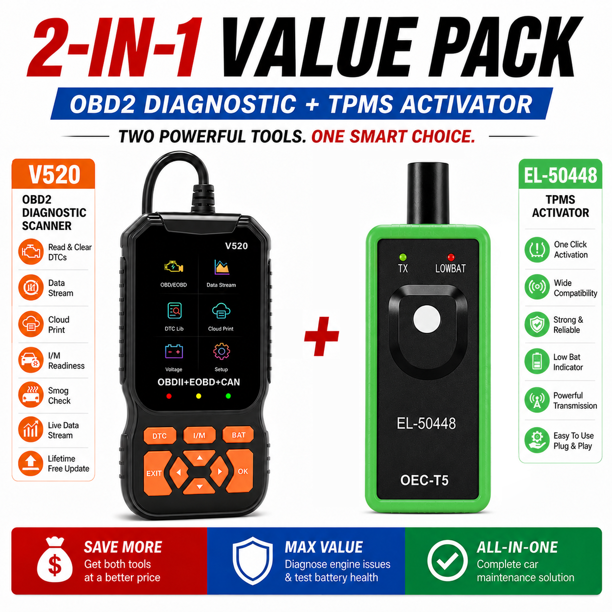 Obd2 Scan Tool Gm Tpms Kit V520 El-50448 เปิดใช้งานเครื่องอ่านหลายภาษา