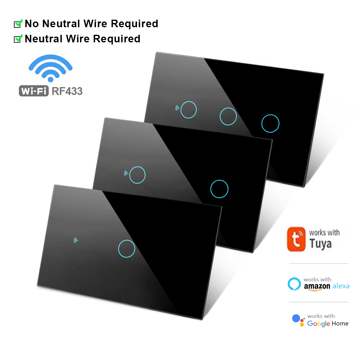 Axus สําหรับ Tuya WiFi สมาร์ทสวิทช์ US 1-4 Gang Neutral/ไม่มีสายเป็นกลางที่จําเป็นทํางานร่วมกับ Alexa และควบคุมเสียง