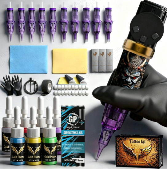 GOLDPLUME ชุดสักไร้สาย 10 เข็มปากกา Complete Derma แสตมป์ Microneedle Gunner เจาะ
