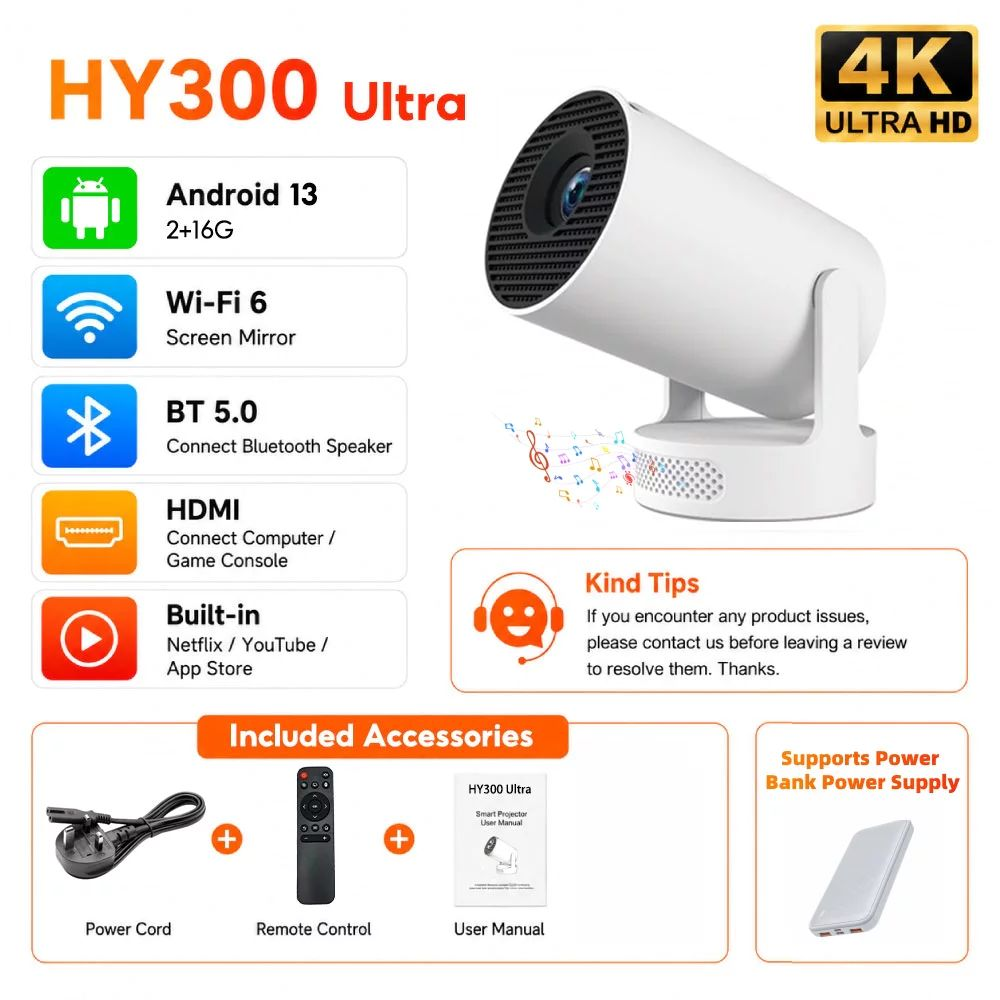 โปรเจคเตอร์พกพา HY300 PRO Mini | รองรับ 4K 1080P, Android 13, WiFi, Bluetooth, โฮมเธียเตอร์ - ของขวั