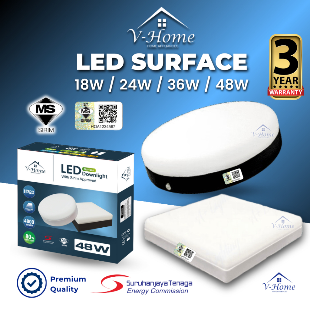 Vhome ดาวน์ไลท์ติดพื้นผิวไร้ขอบ 36W Led ทรงกลมสี่เหลี่ยมสําหรับเพดานห้องนอนสํานักงาน