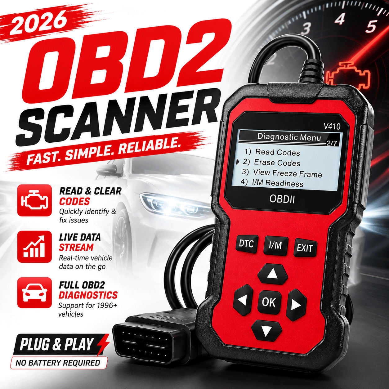 V410 Professional Obd2 Scanner การตรวจสอบประสิทธิภาพแบบเรียลไทม์เครื่องอ่านรหัสเครื่องยนต์แบตเตอรี่เ