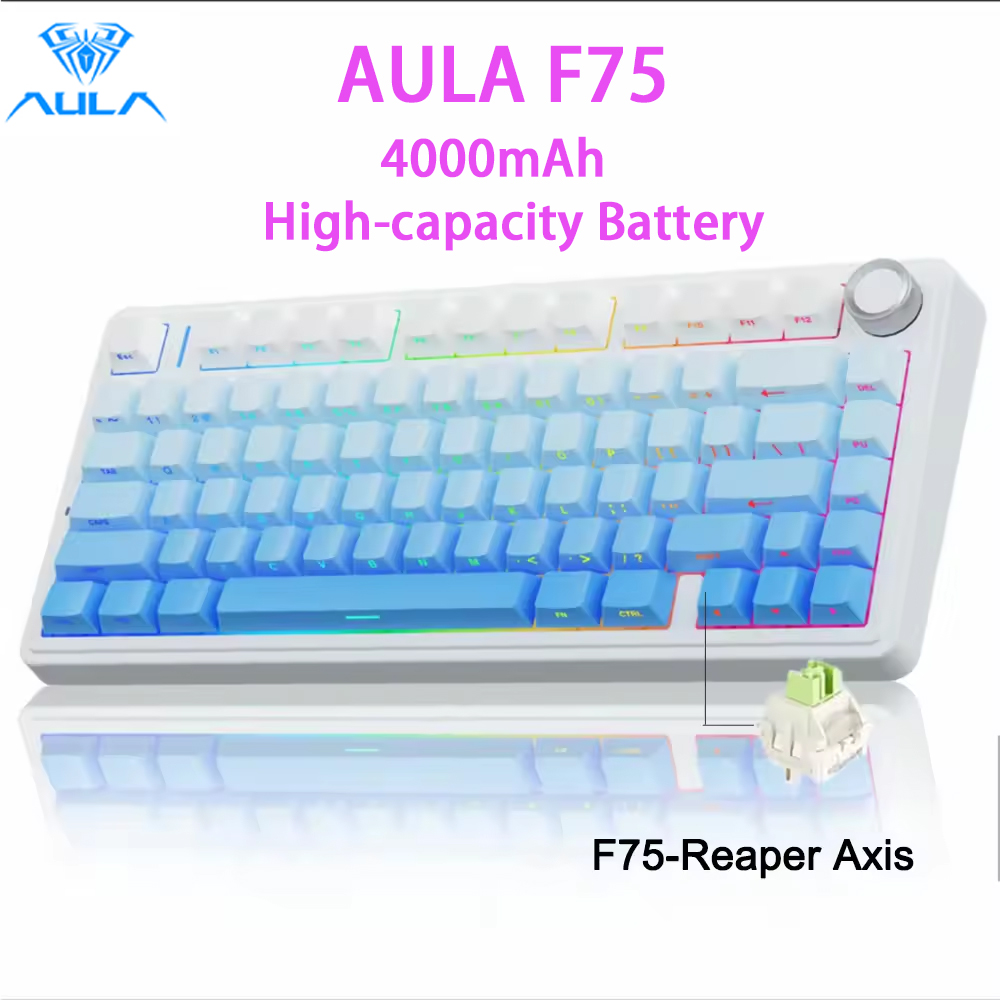 คีย์บอร์ดเกมมิ่ง AULA F75 คีย์บอร์ดแมคคานิคอลไร้สายบลูทูธ มินิ พร้อมลูกบิด RGB