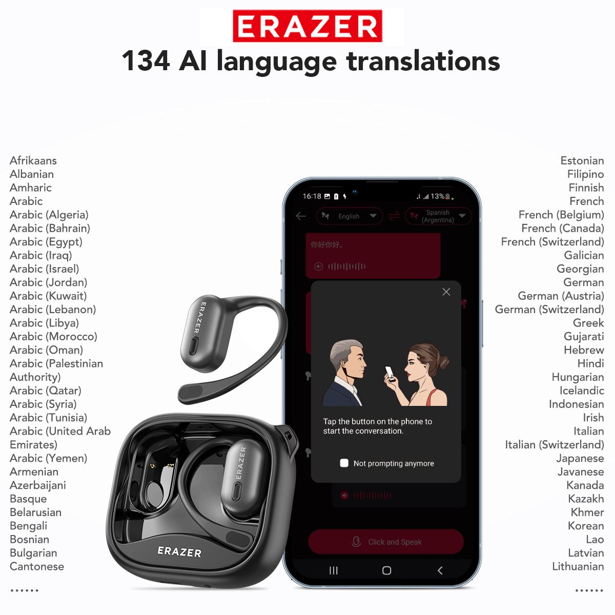 ERAZER XF38 หูฟัง AI การแปลชุดหูฟังหน้าจอสัมผัส 134 หูฟังเปิดหูพร้อมไมโครโฟนหูฟังกันน้ํา TWS HD โทรก