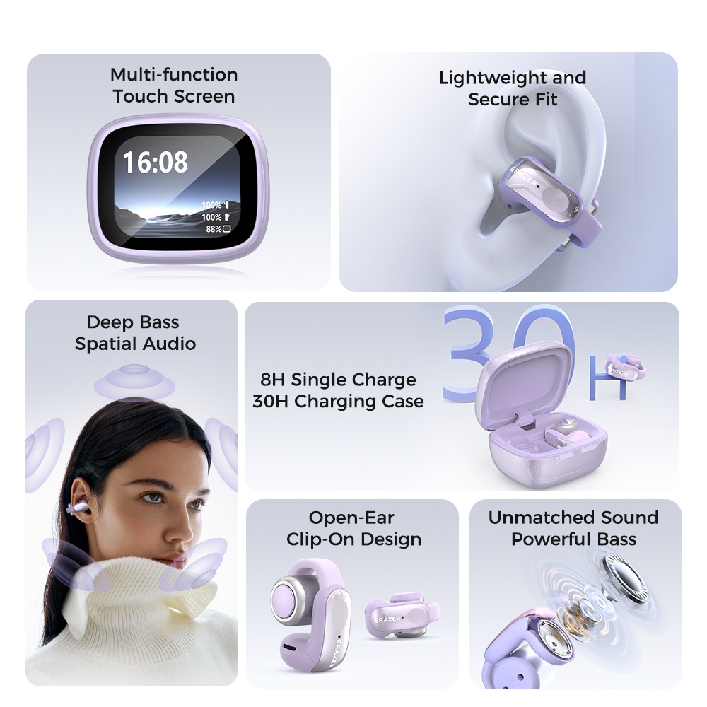ERAZER XF28 หูฟังไร้สาย Earsets หูฟังบลูทูธกันน้ําตัดเสียงรบกวนชุดหูฟัง HiFi Bass หน้าจอ TWS Clip-On