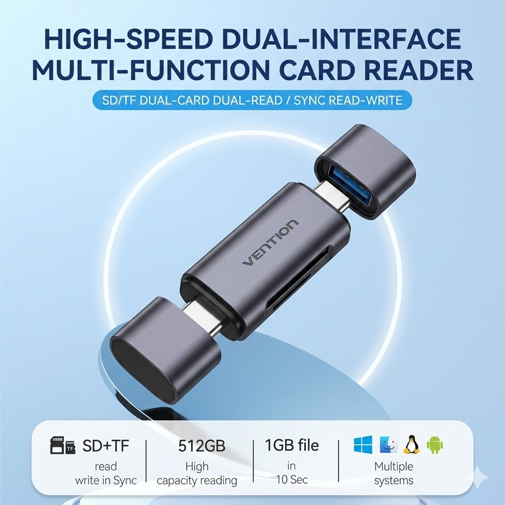 อะแดปเตอร์ Vention 3-in-1 แบบพกพา OTG USB3.0 5Gbps รองรับการอ่านการ์ด SD และ TF สําหรับใช้งานกับโทรศัพท์มือถือและแล็ปท็อป