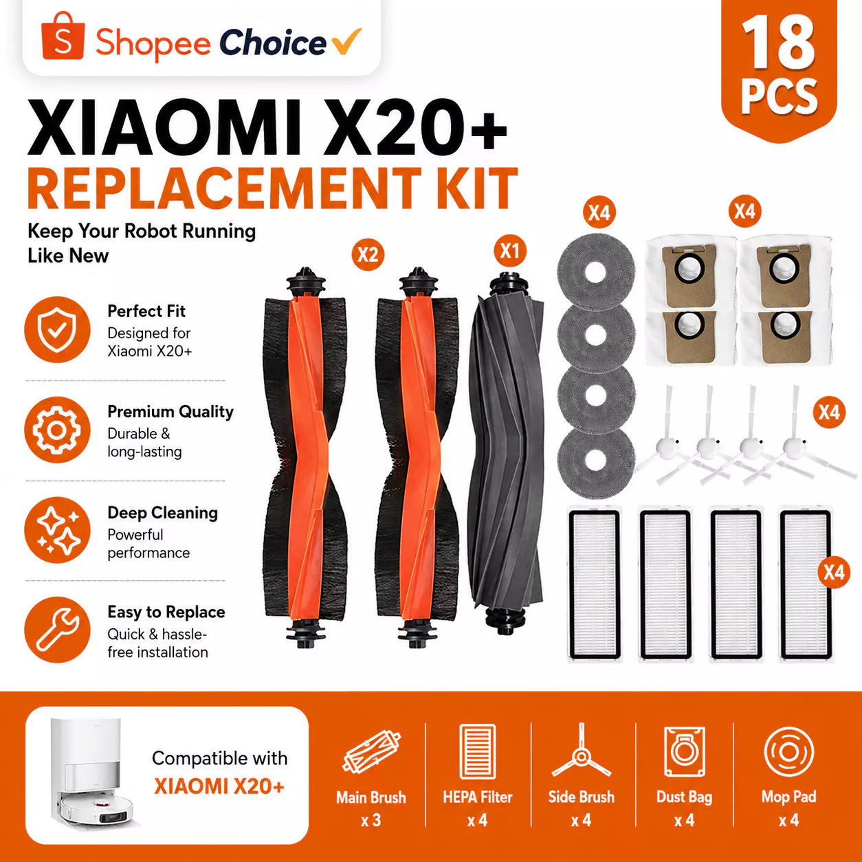 ชุดอะไหล่เปลี่ยนสําหรับหุ่นยนต์ดูดฝุ่น XIAOMI X20+ แปรงหลัก แปรงข้าง ไส้กรอง ถุงเก็บฝุ่น และแผ่นไม้ถูพื้น อะไหล่และอุปกรณ์เสริม