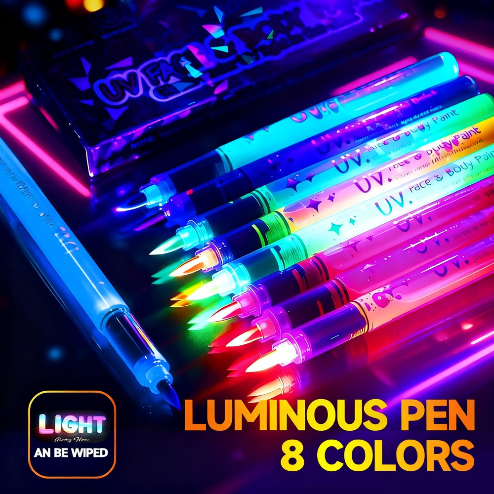 ยูวี เครื่องหมายเรืองแสง 8 สีศิลปะวาดปากกาเรืองแสงภายใต้แสงสีดําสําหรับบัญชีมือฮาโลวีนปาร์ตี้