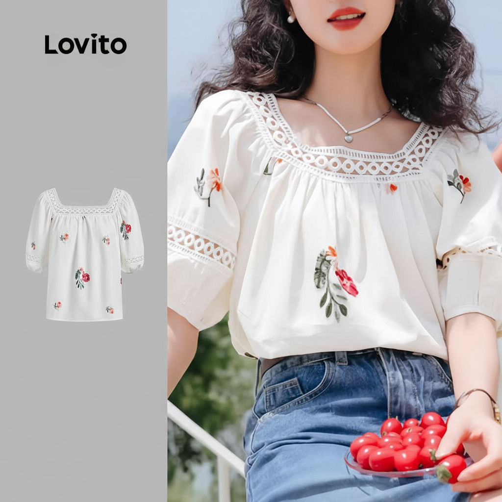(Trendy2) Lovito เสื้อเชิ้ตหรูหรามีปกแต่งระบายคอว่าง ลายฤดูใบไม้ผลิ/ฤดูร้อน สีแอปริคอท LB135ED539