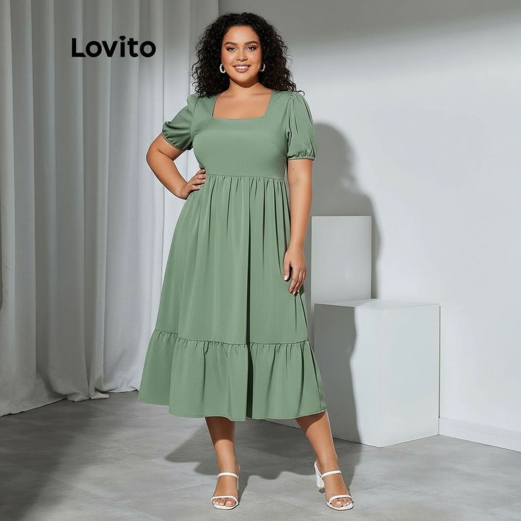 trendy3-Lovito Plus Size Curve เดรสแขนพอง คอเหลลี่ยม แต่งซิป สีพื้น พลัสไซซ์ สไตล์ลำลอง สำหรับผู้หญิ