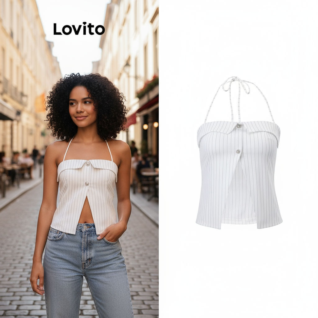 (trendy5)Lovito เสื้อแขนกุดผู้หญิง มีกระดุม สีพื้น สไตล์ลำลอง LNA75360