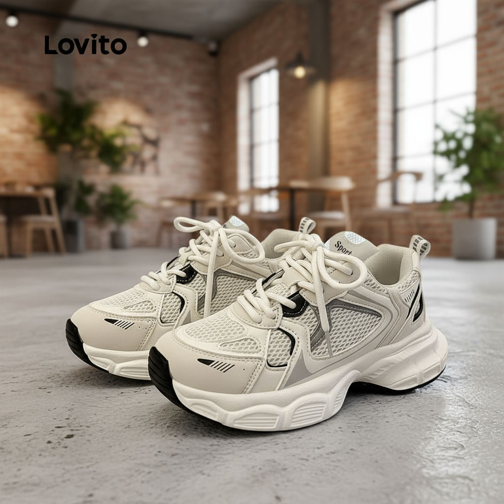 (trendy5)Lovito รองเท้าผ้าใบผู้หญิง เพิ่มความสูง ระบายอากาศ สีเรียบ สไตล์ลำลอง LFA40382