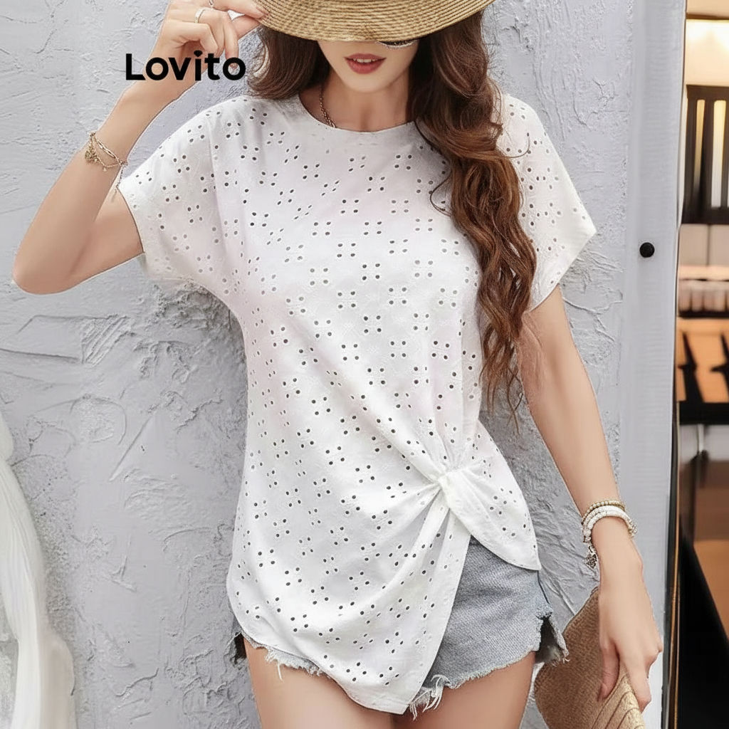 Lovito เสื้อเบลาส์จีบแบบลำลองสำหรับผู้หญิง LNM79301