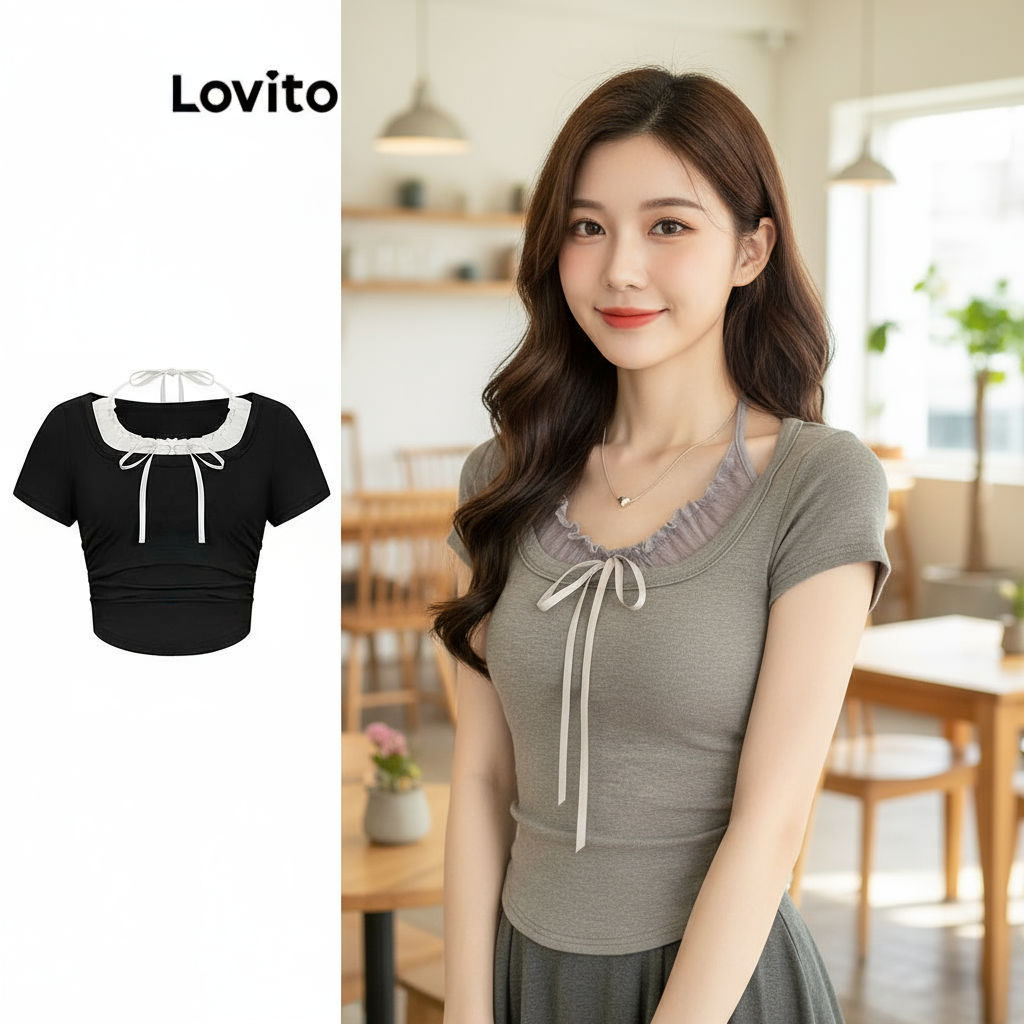 (trendy2)Lovito เสื้อยืดผู้หญิง ปลอม 2 อิน 1 สีพื้น สไตล์ลำลอง LNA60454(หลากสี)