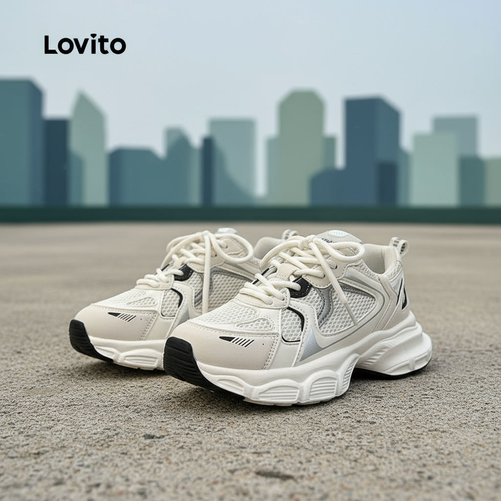 (trendy6)Lovito รองเท้าผ้าใบผู้หญิง เพิ่มความสูง ระบายอากาศ สีเรียบ สไตล์ลำลอง LFA40382