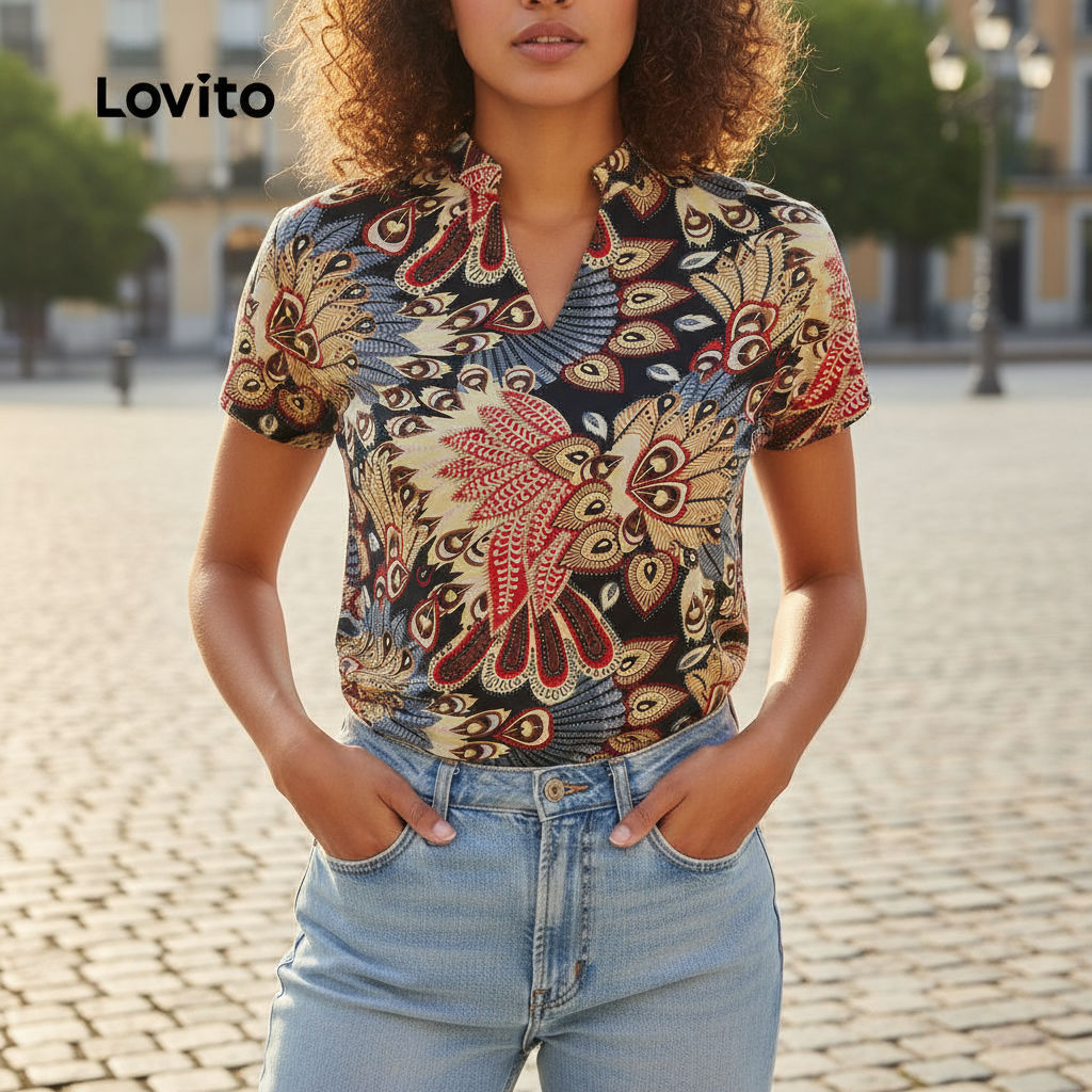 Lovito เสื้อแขนสั้น สําหรับผู้หญิง สไตล์บาหลี พับได้ L142ED448 ฤดูใบไม้ผลิ/ฤดูร้อน