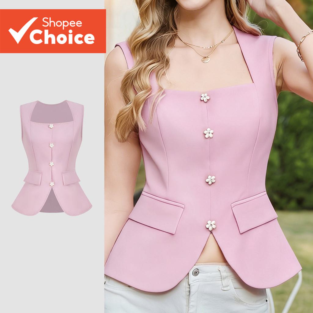Lovito เสื้อผู้หญิงลําลอง แบบกระดุม ด้านหน้าผ่า สีชมพู สําหรับฤดูใบไม้ผลิ/ฤดูร้อน รุ่น L178ED631
