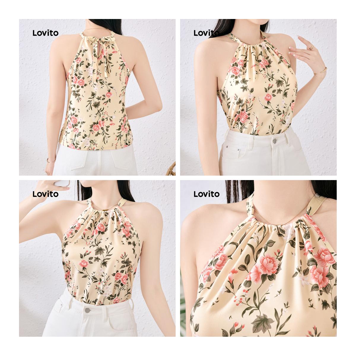 (Fashion2) Lovito เสื้อบูโฮ ท็อปผูกเชือกด้านหลัง สไตล์รีสอร์ท สำหรับฤดูใบไม้ผลิ/ฤดูร้อน สำหรับผู้หญิ