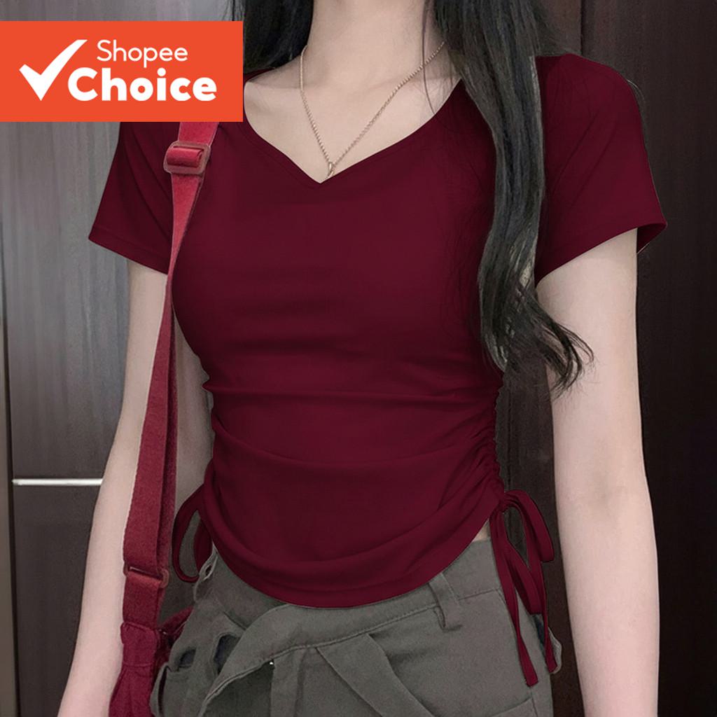 Lovito เสื้อยืดลําลองผู้หญิง ผูกเชือก สีแอปริคอต สําหรับฤดูใบไม้ผลิ/ฤดูร้อน รุ่น LK2EDD057